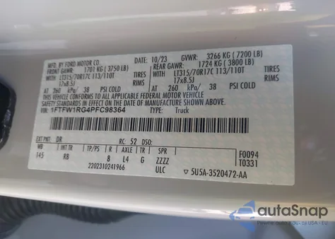 2023 Ford F-150 Raptor из США, поврежденный, VIN 1FTFW1RG4PFC98364